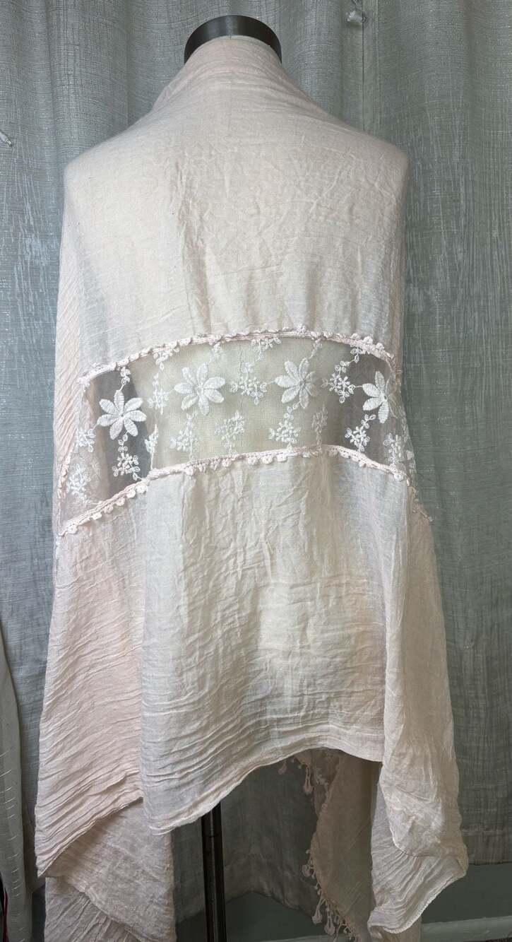 Sheer Floral Embroidered Lace Trimmed Scarf in Blush Pink